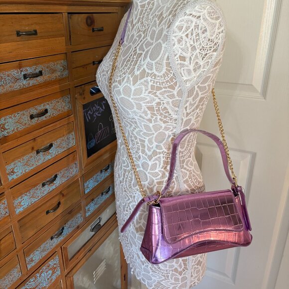 Metallic Mirror Crocodile Embossed Handbag / Crossbody Bag - Lilac Purple- NWT - Picture 6 of 14